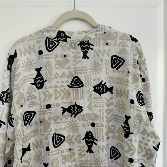 Vintage Two Potato Laguna Beach Men’s Shirt Band Collar Fish Ethnic Print Size L - Picture 7 of 11